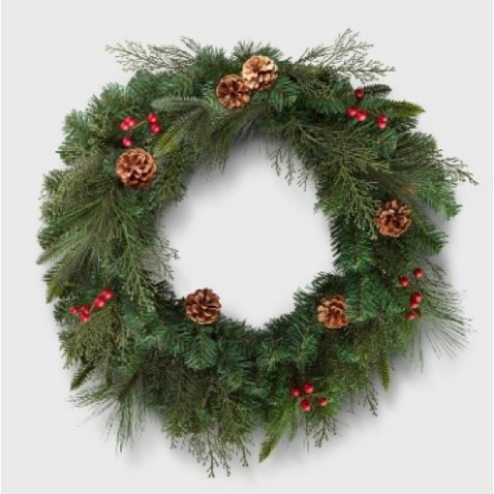Wondershop Unlit Mixed Greenery with Red Berry and Pinecones Artificial Wreath